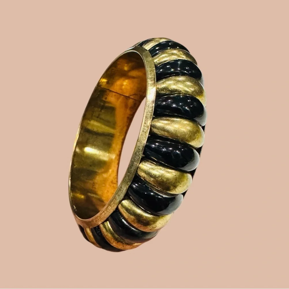 Vintage Gold & Black Chunky Bangle Bracelet | Statement Retro Jewelry